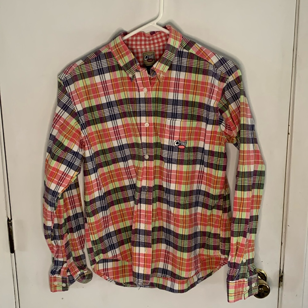 Cruel Girl pink navy lime green plaid long sleeve button down shirt Size Large